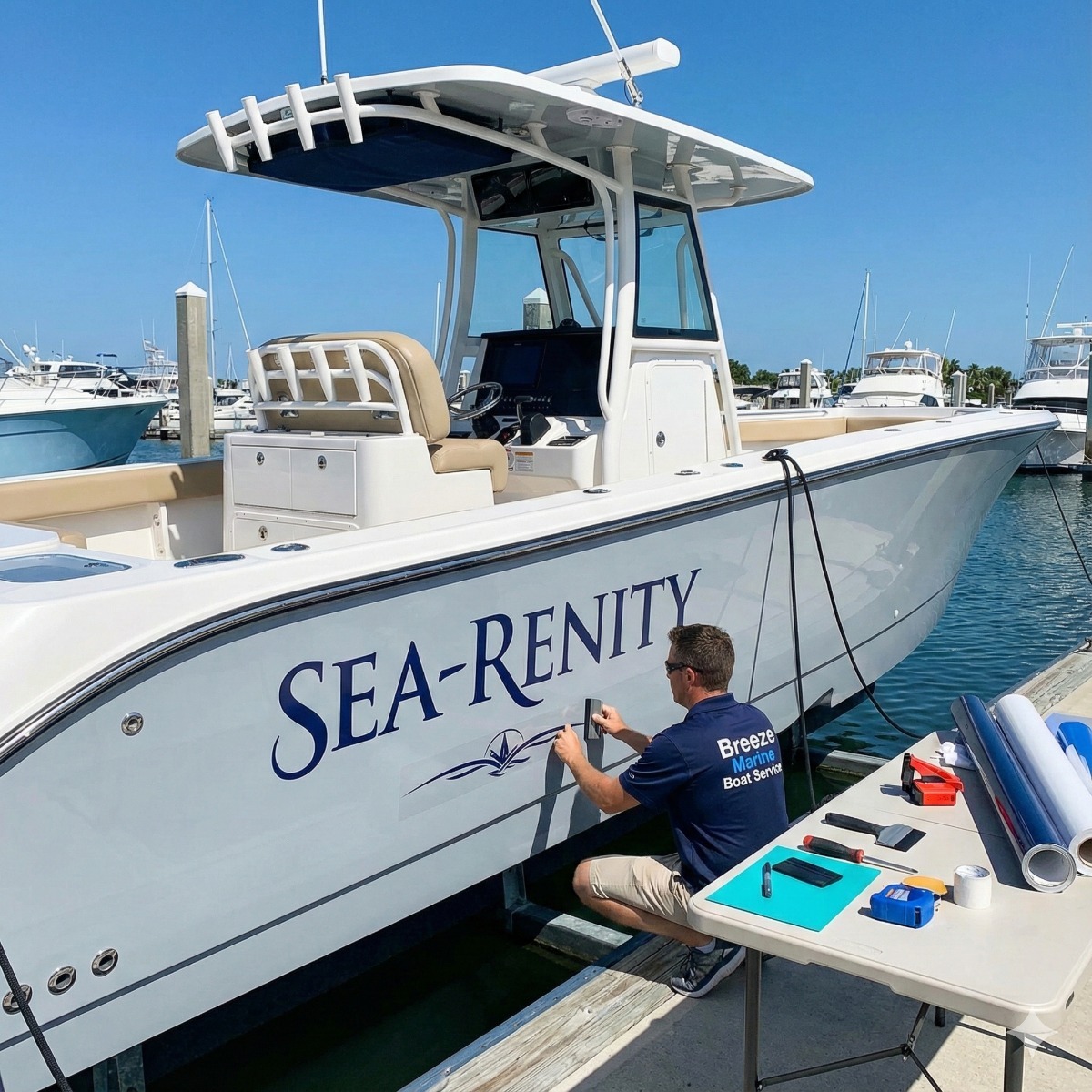Professional technician installing custom vinyl boat lettering and marine graphics on a white boat hull