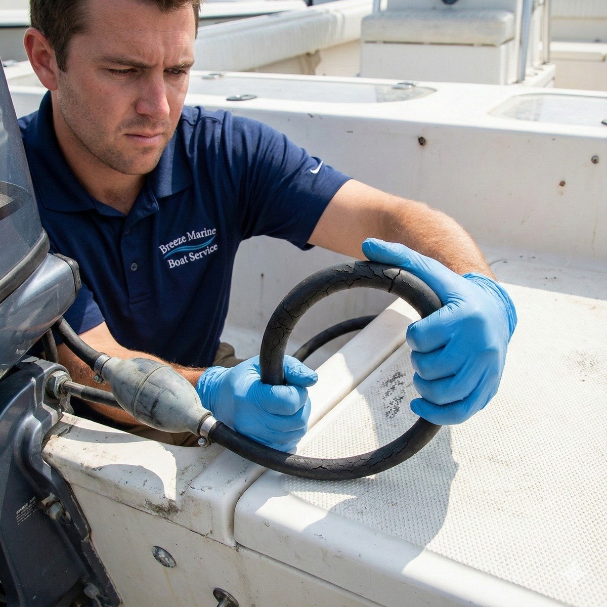 Marine technician bending a black rubber fuel hose near an outboard motor to reveal dangerous dry-rot cracks and UV damage during a safety inspection.