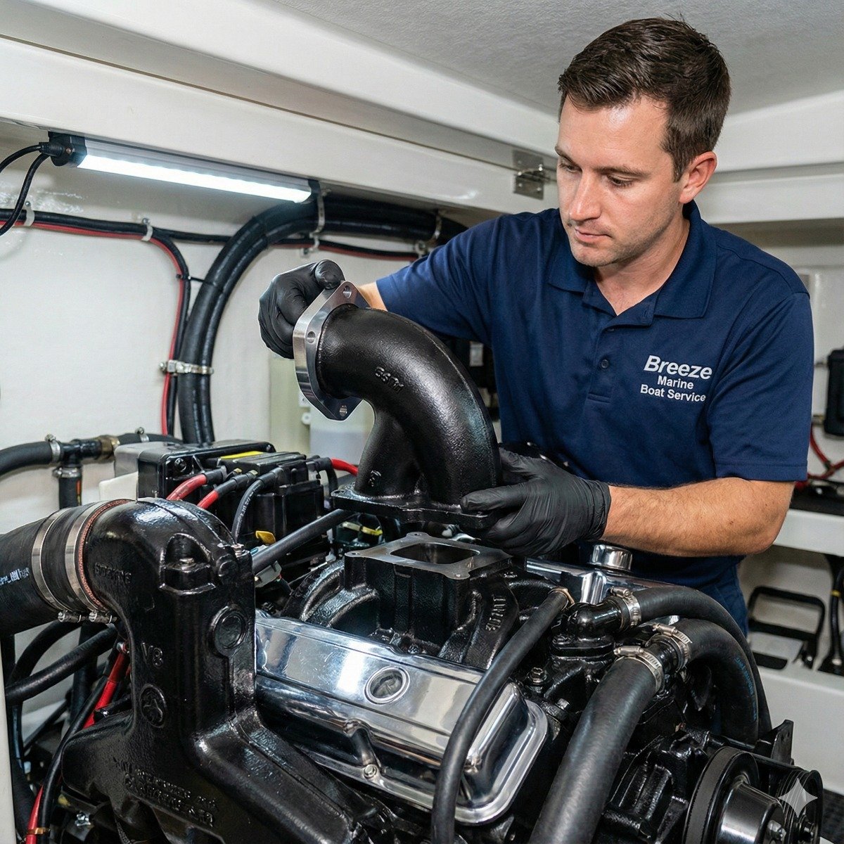 Marine technician inspecting the mating surface of a new black cast iron exhaust riser on a Volvo Penta engine in a clean engine room.