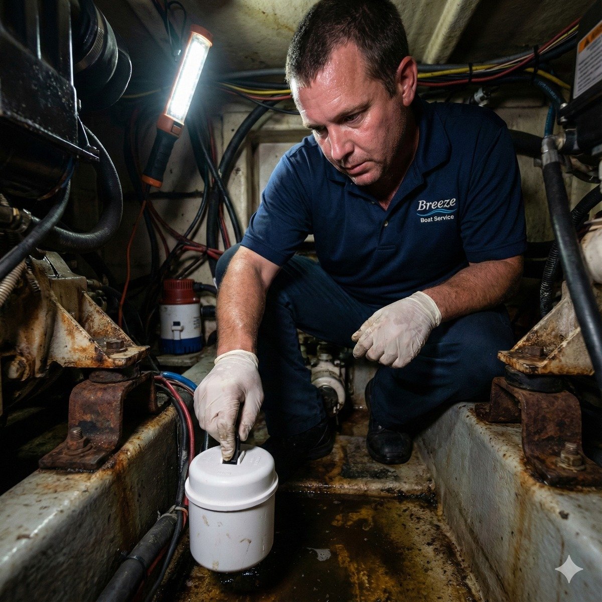 Marine electrician crouching in a boat bilge, manually lifting the float switch of a newly installed high-water alarm system while checking a multimeter.