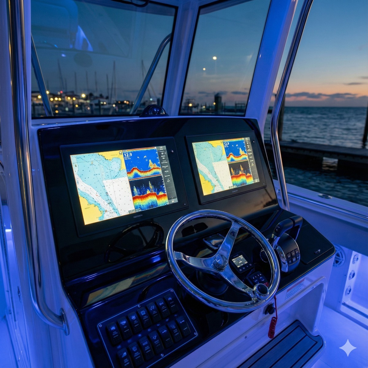 A close-up of a modern boat dashboard featuring dual 12-inch touchscreen chartplotters displaying navigation charts and sonar, glowing softly at twilight.