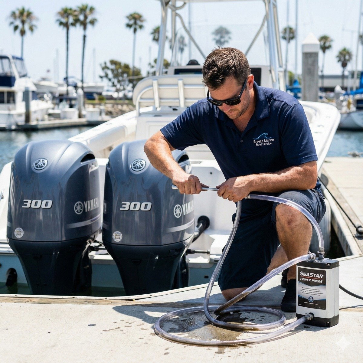 Marine technician using a professional power purge system connected to the SeaStar hydraulic steering cylinder between twin outboard motors on a center console boat in Long Beach.
