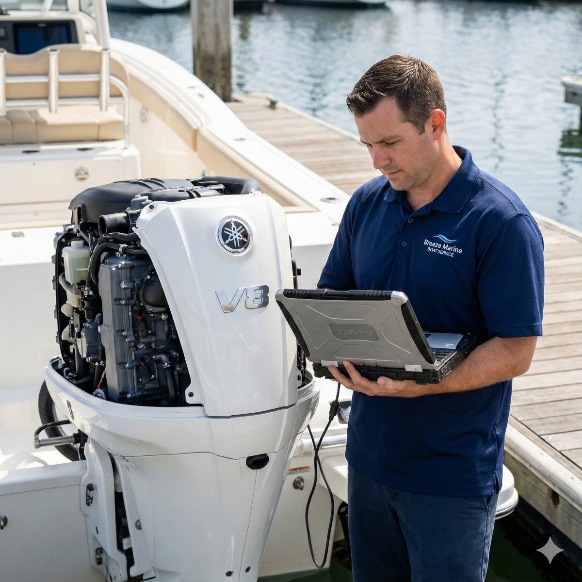 Marine technician analyzing a diagnostic laptop screen connected to a modern outboard motor to troubleshoot a starting issue in a Long Beach marina.
