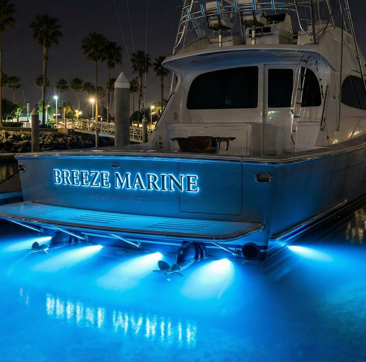 Night photograph of the stern of a luxury sportfishing boat docked in a Long Beach marina. Four high-intensity underwater LED lights are activated on the transom, casting a brilliant, glowing blue light into the dark water around the propellers and rudder
