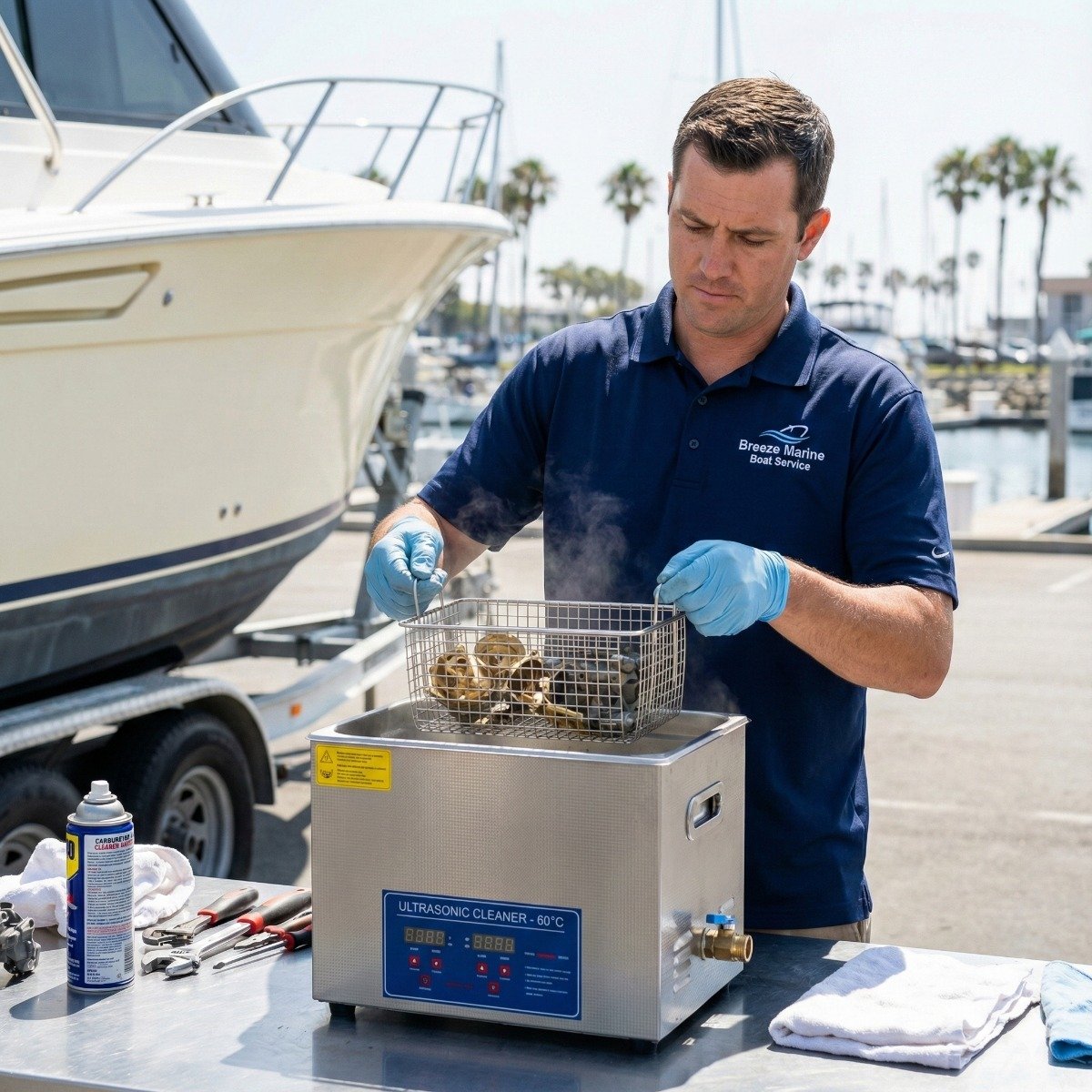 Marine mechanic placing disassembled brass carburetor parts and jets into a stainless steel ultrasonic cleaning tank for deep cleaning at a boat repair shop in Long Beach.