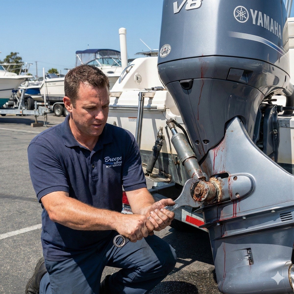 Marine technician using a specialized spanner wrench to remove the corroded end cap of a hydraulic trim ram on a large outboard motor at a boatyard in Long Beach.