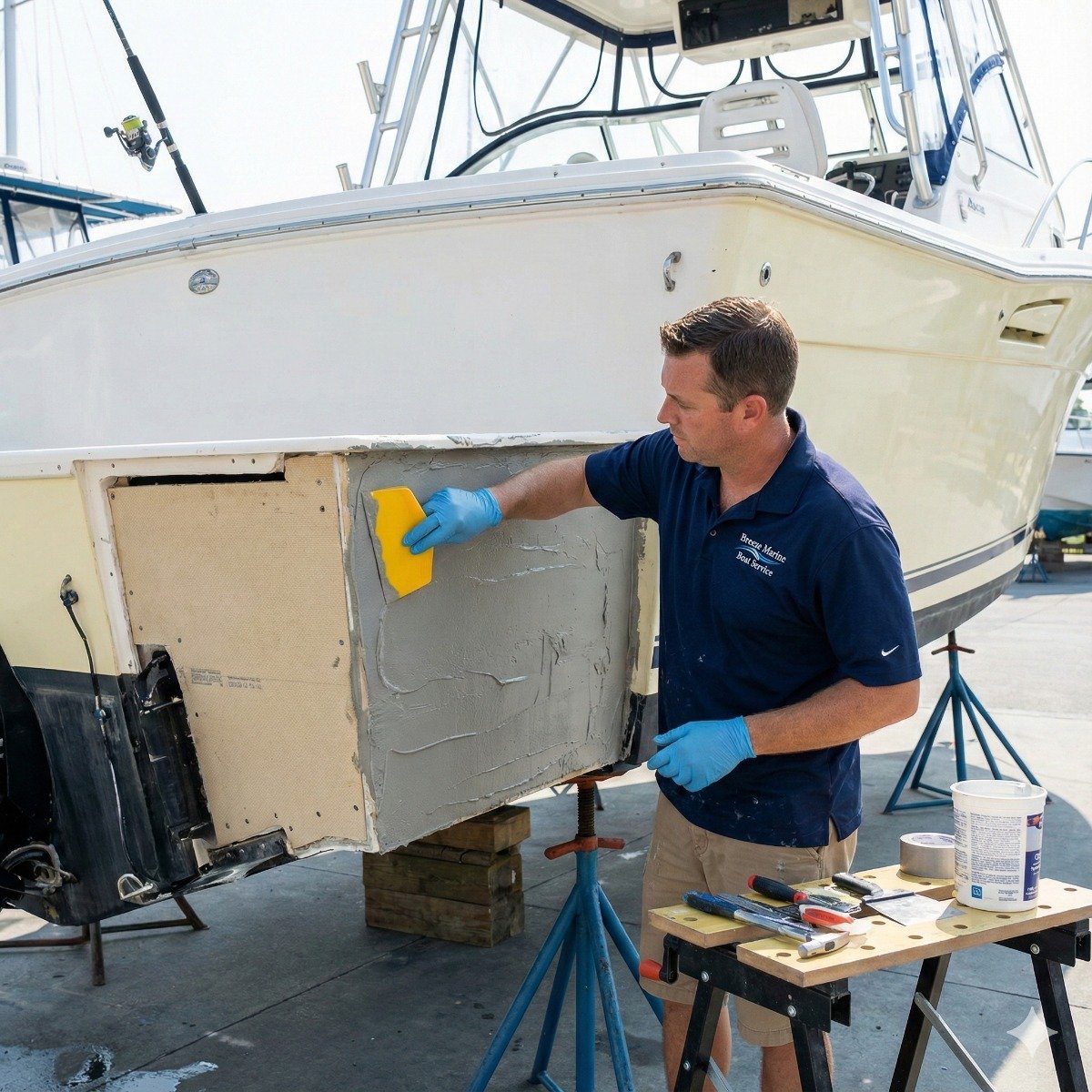 Professional marine technician applying structural epoxy paste with a trowel to a newly rebuilt composite transom on the stern of a large fiberglass boat in a boatyard.