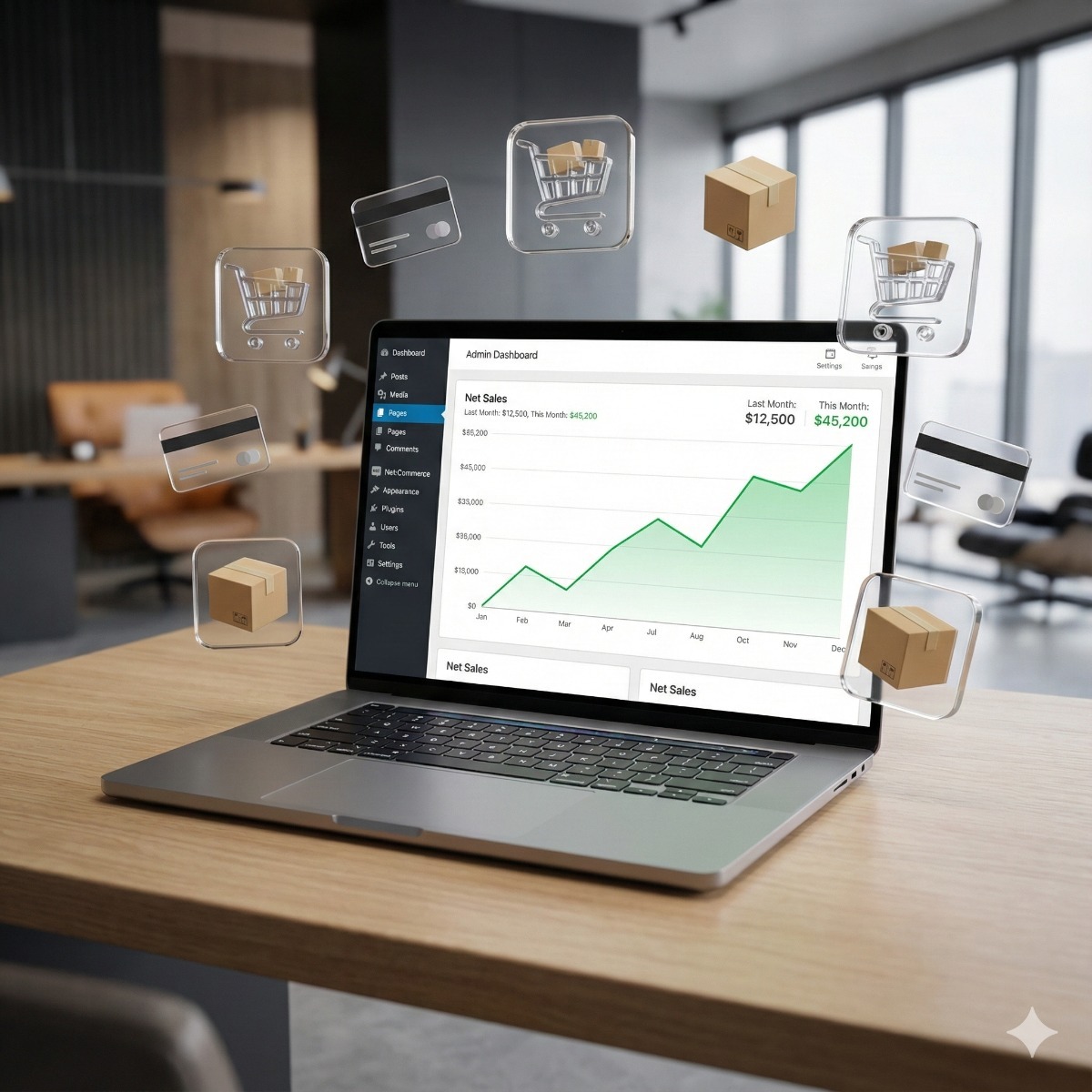 A MacBook Pro displaying a custom WooCommerce dashboard with a graph showing a sharp increase in "Net Sales," surrounded by floating icons of shopping carts and payment cards.