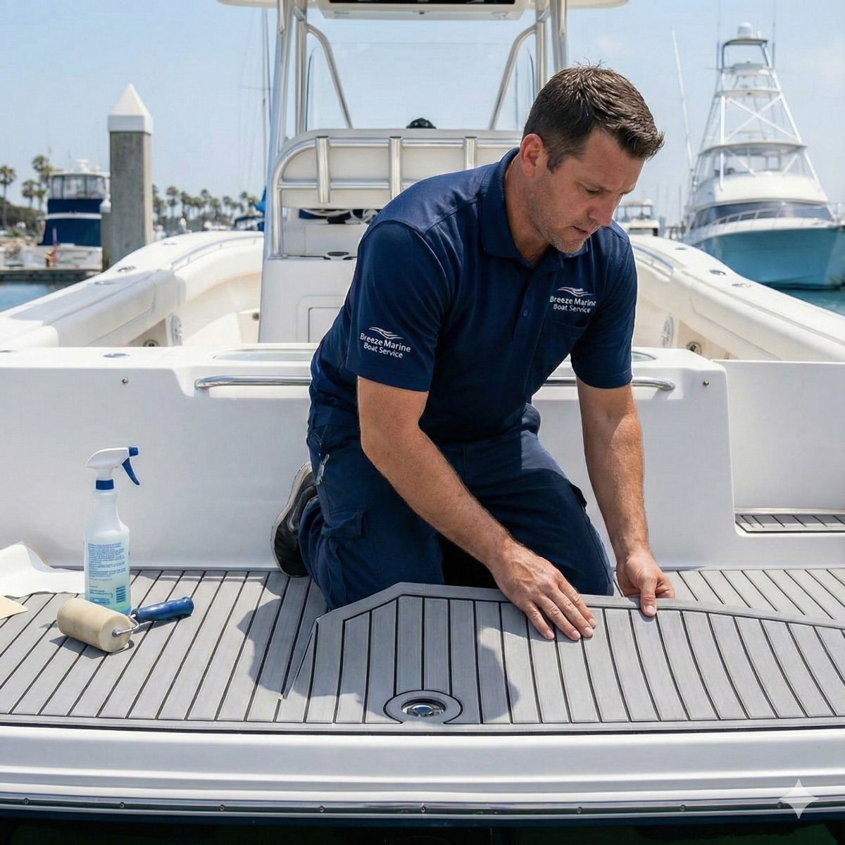 Marine technician applying custom grey and black EVA foam non-skid decking to the swim platform of a white fiberglass boat in a marina