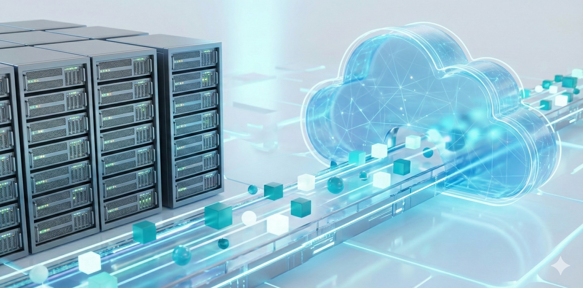A visualization of a data center server rack with a glowing "Transfer Complete" status bar, symbolizing a successful website migration.