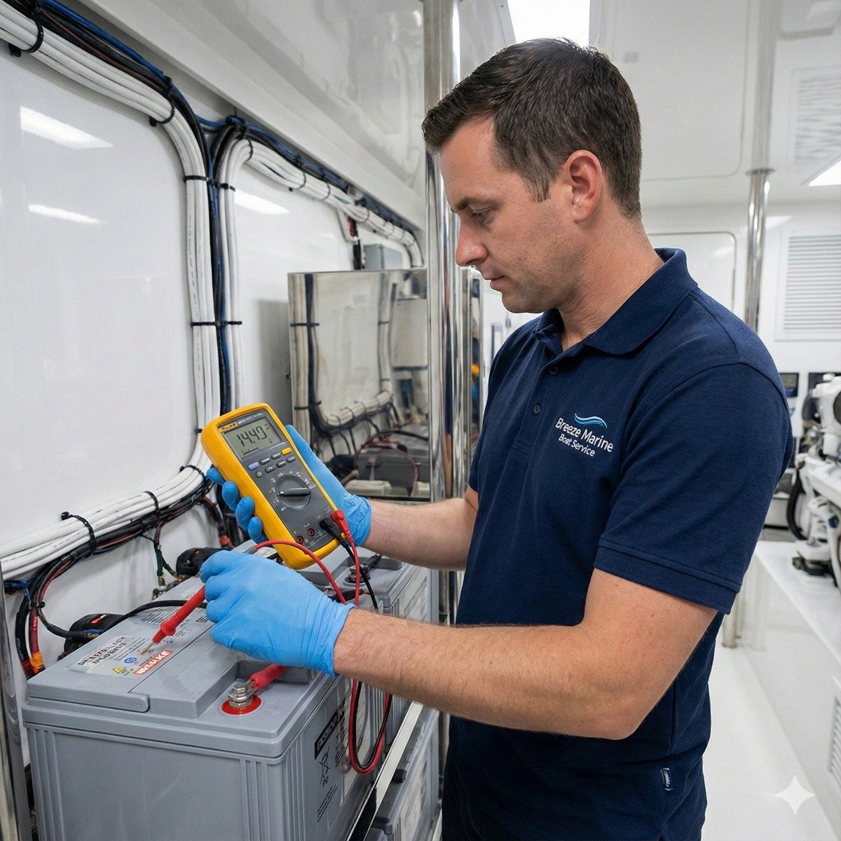 Professional marine electrician using a Fluke multimeter to test the charging voltage at the battery terminals of a sportfishing boat.