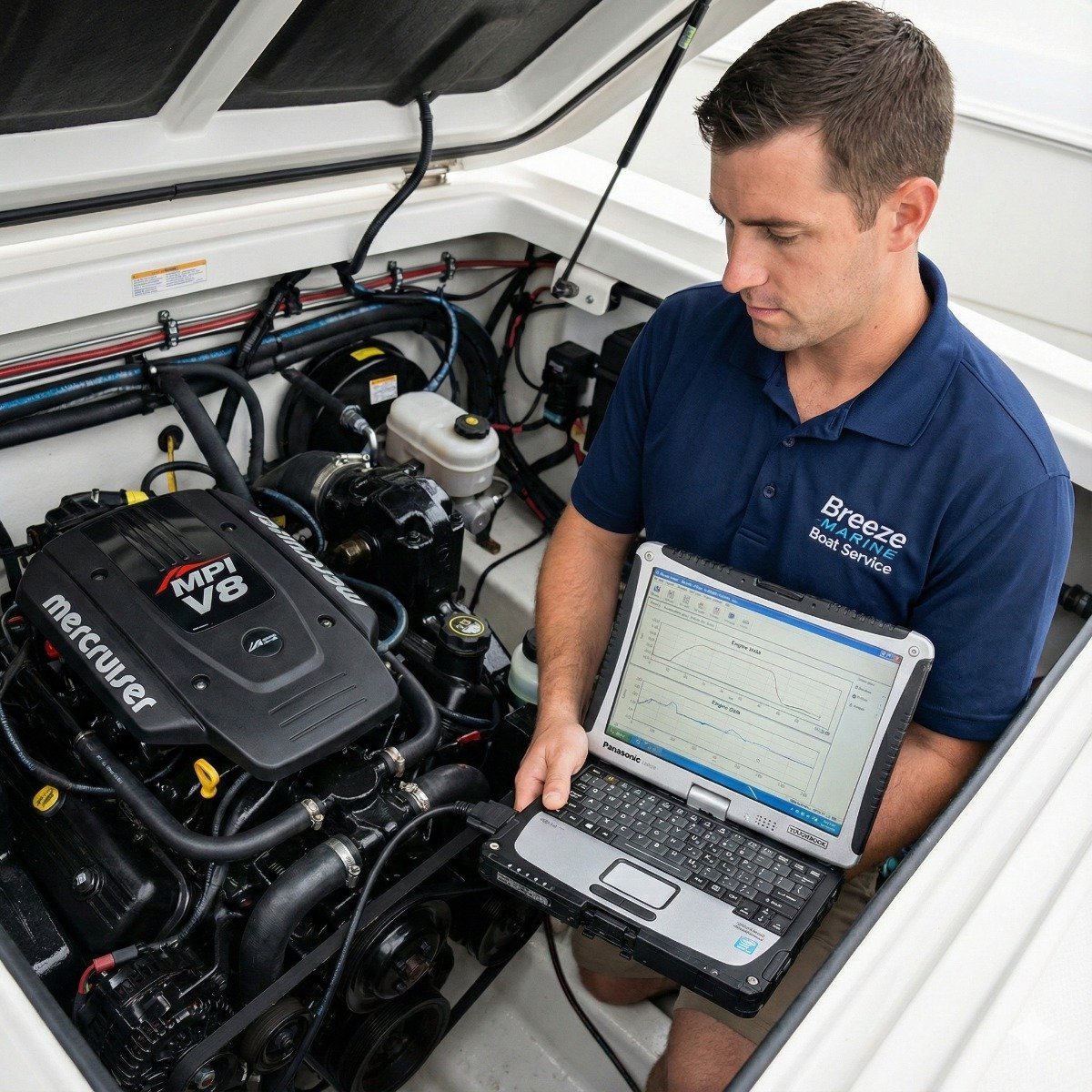 Breeze Marine technician viewing live engine data on a rugged diagnostic laptop connected to a Mercruiser MPI engine in a boat engine compartment.