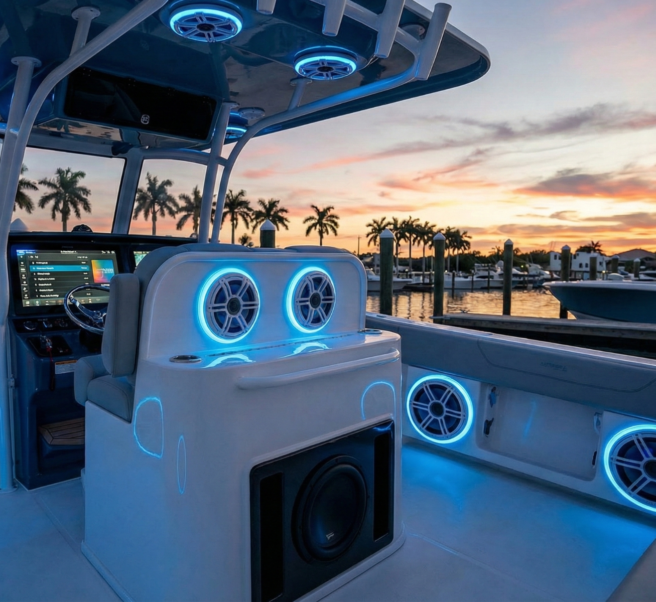A dusk photograph of a modern boat cockpit featuring a premium marine audio installation. Four speakers mounted in the fiberglass gunwales have integrated blue LED lighting glowing brightly. A large touchscreen Fusion marine stereo head unit on the dashbo