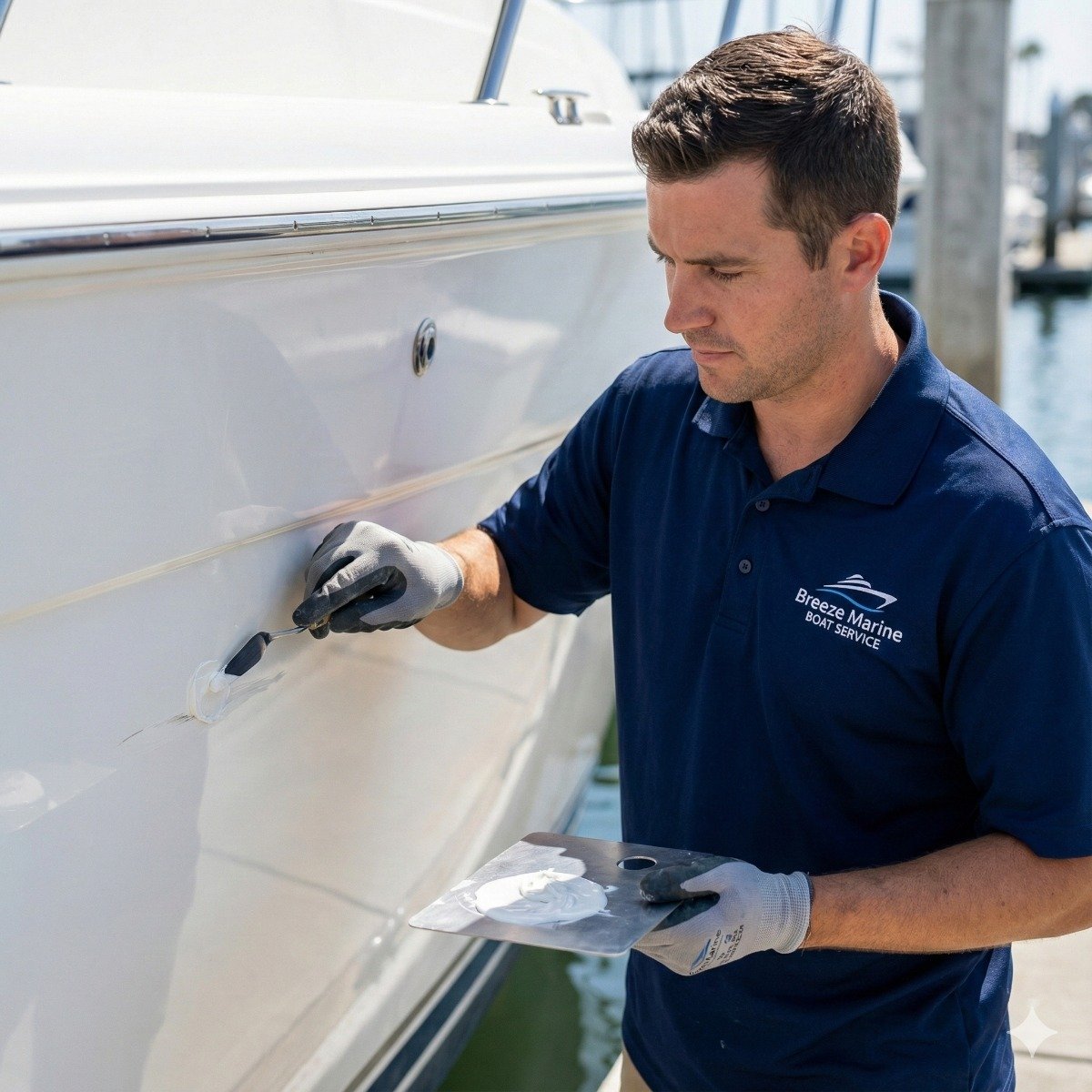 Professional boat bodywork technician applying white gelcoat paste to a scratch on a fiberglass hull with a palette knife, ensuring a smooth finish.