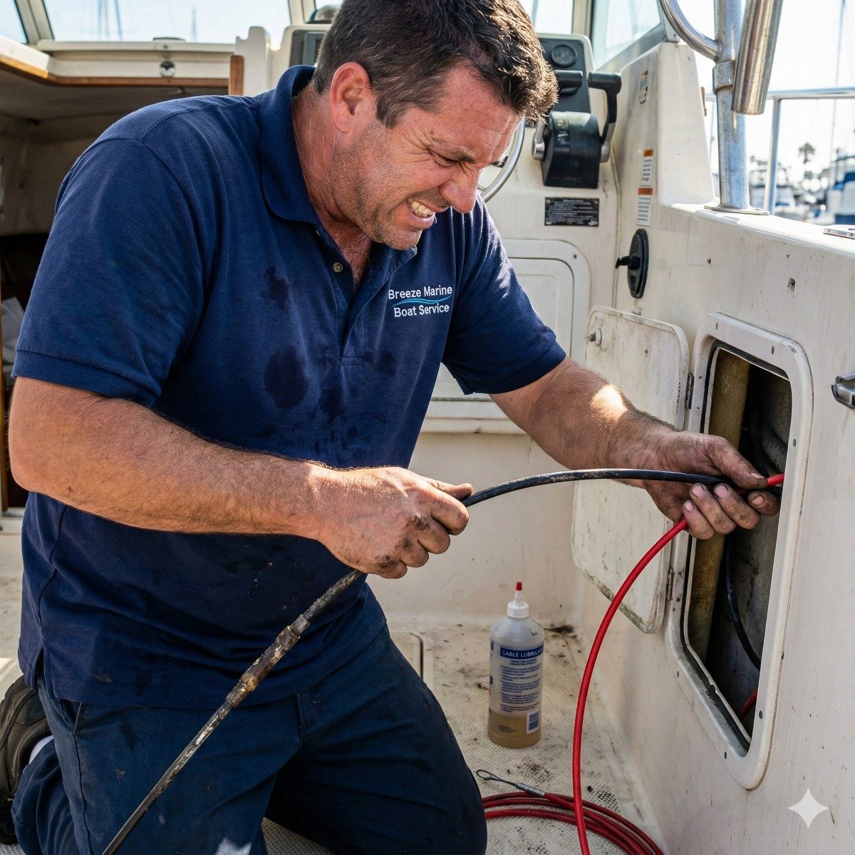 Marine technician pulling a new, red-jacketed throttle control cable through the rigging tube under the gunwale of a center console boat in a Long Beach marina.