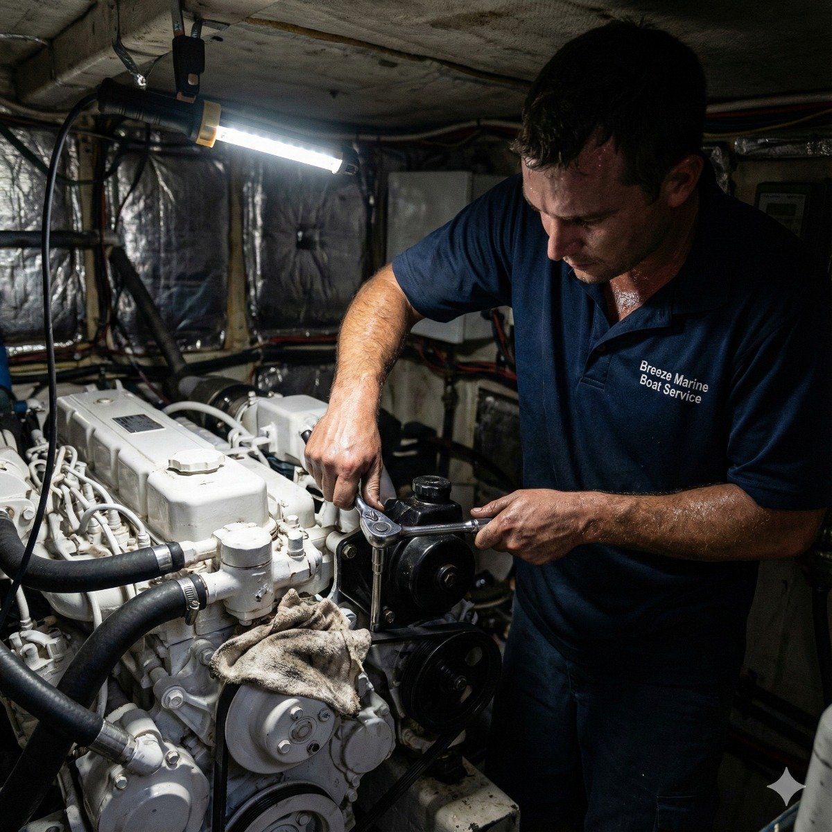 Marine mechanic using a socket wrench to remove a failing power assist steering pump from the front of a marine diesel engine in a cramped engine room.