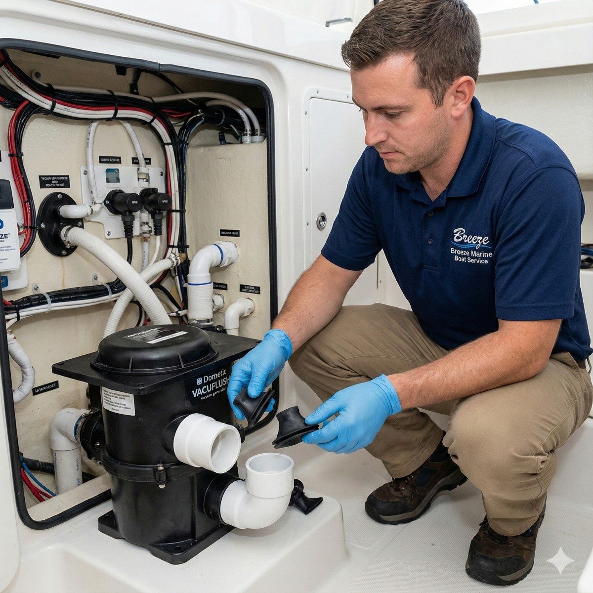 Marine technician wearing gloves replacing the rubber duckbill valves inside a black VacuFlush vacuum generator pump.