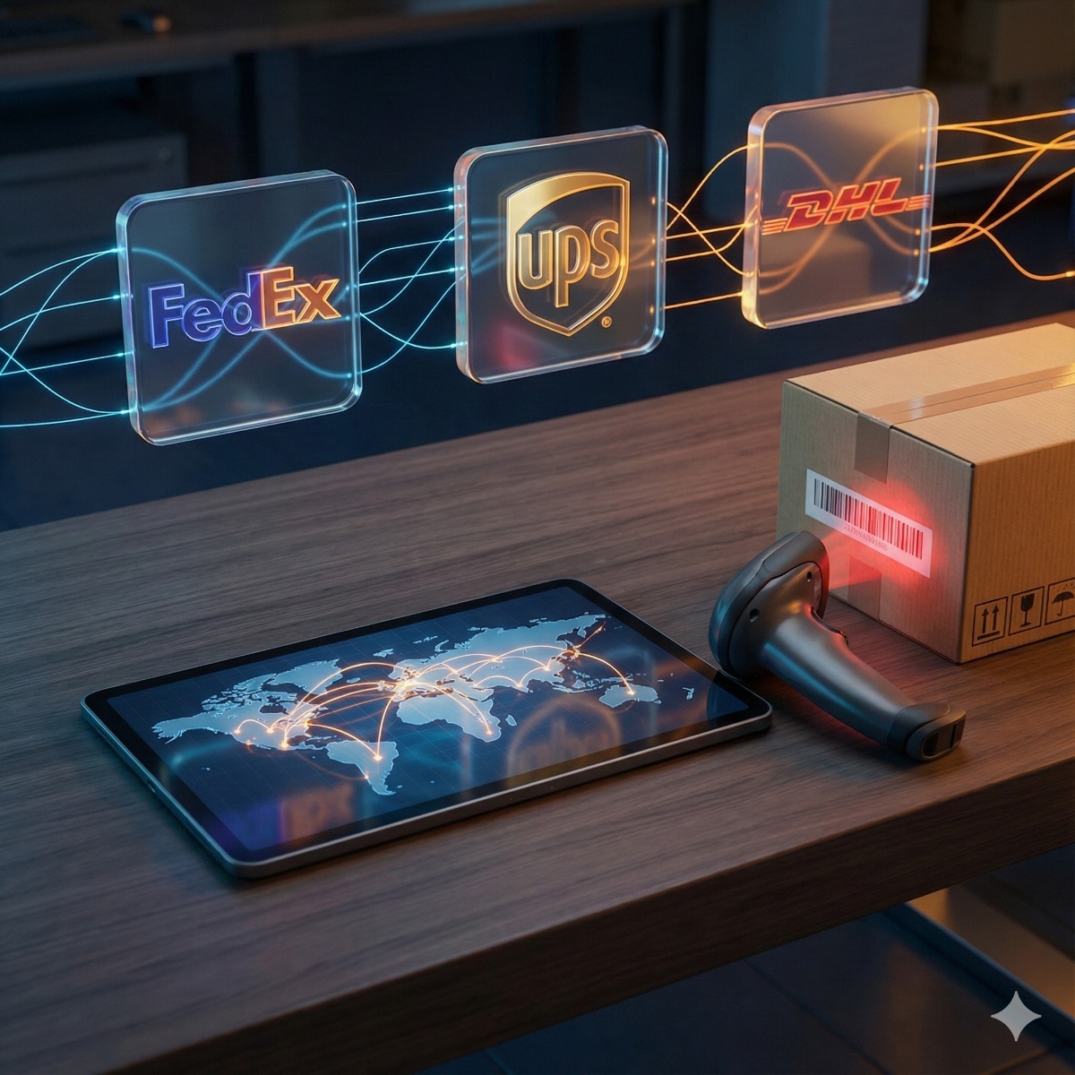 A tablet displaying a "Shipment Dashboard" with a map showing active package routes, a "Label Created" notification, and a barcode scanner in the foreground.