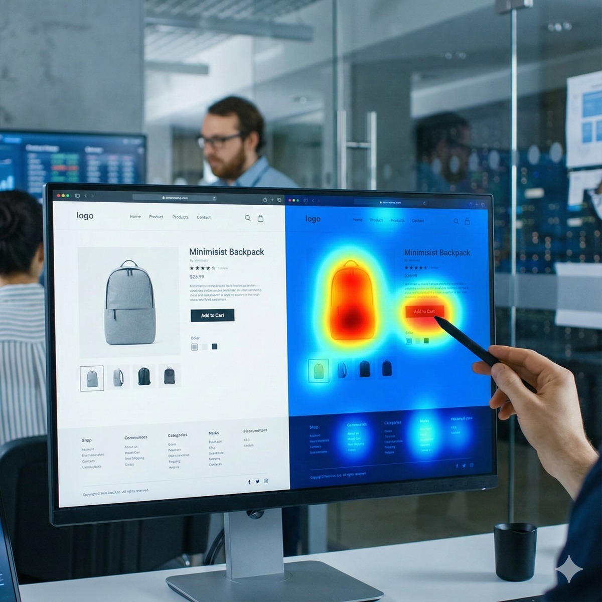 A dual-screen setup showing a standard website on the left and a glowing thermal "heatmap" overlay on the right, highlighting user click behavior in red and orange.