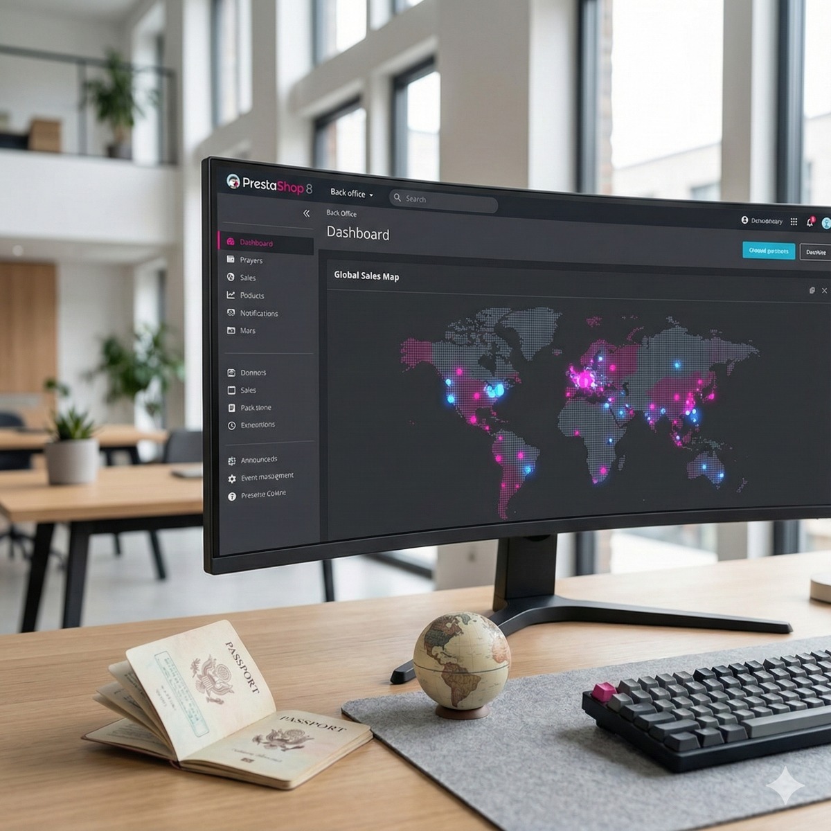 A wide monitor displaying the PrestaShop "Multi-Store" dashboard, showing a map of the world with sales data coming in from Europe, Asia, and the Americas simultaneously.