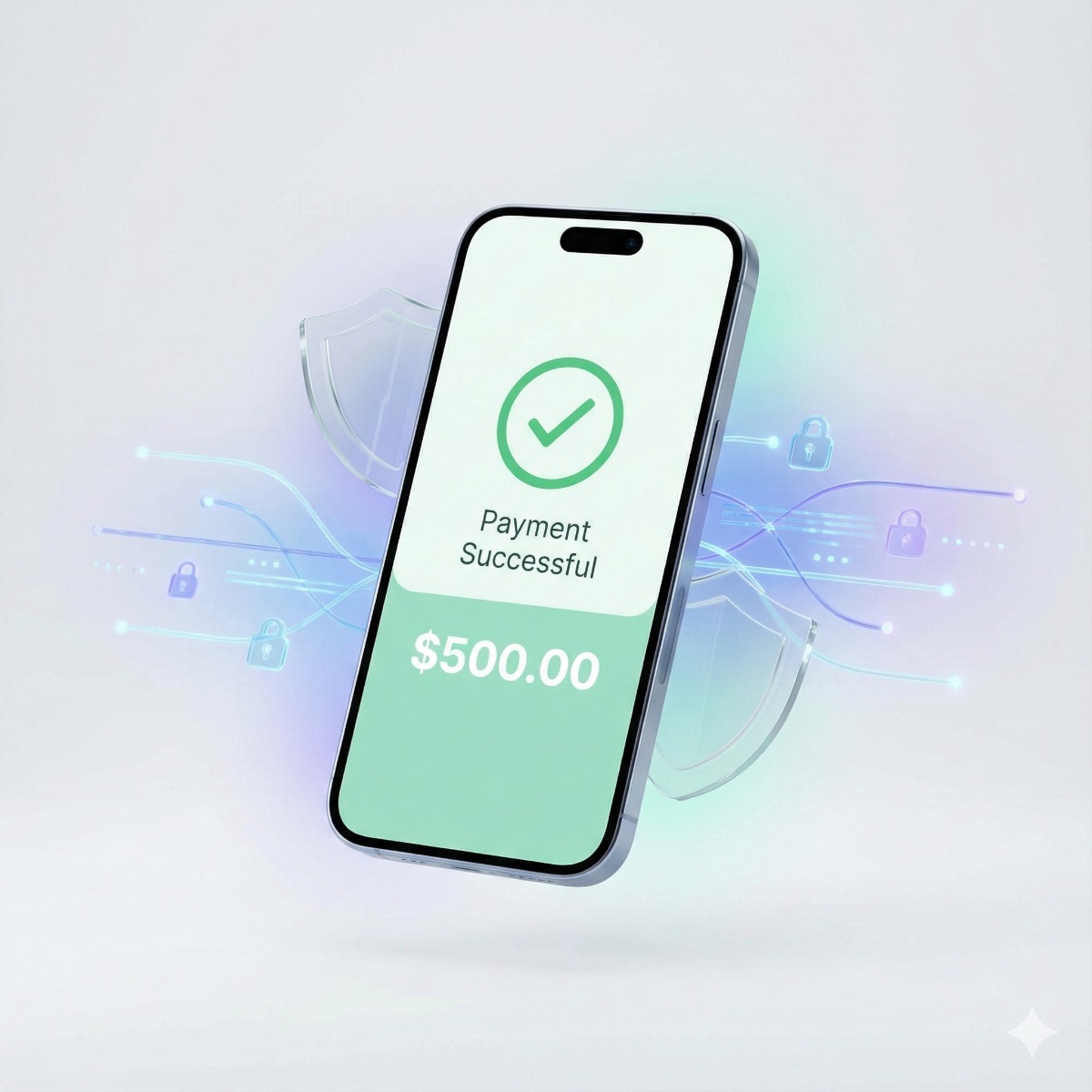 A close-up of a smartphone screen displaying a sleek "Pay with Apple Pay" confirmation, with a background of abstract, secure data streams.