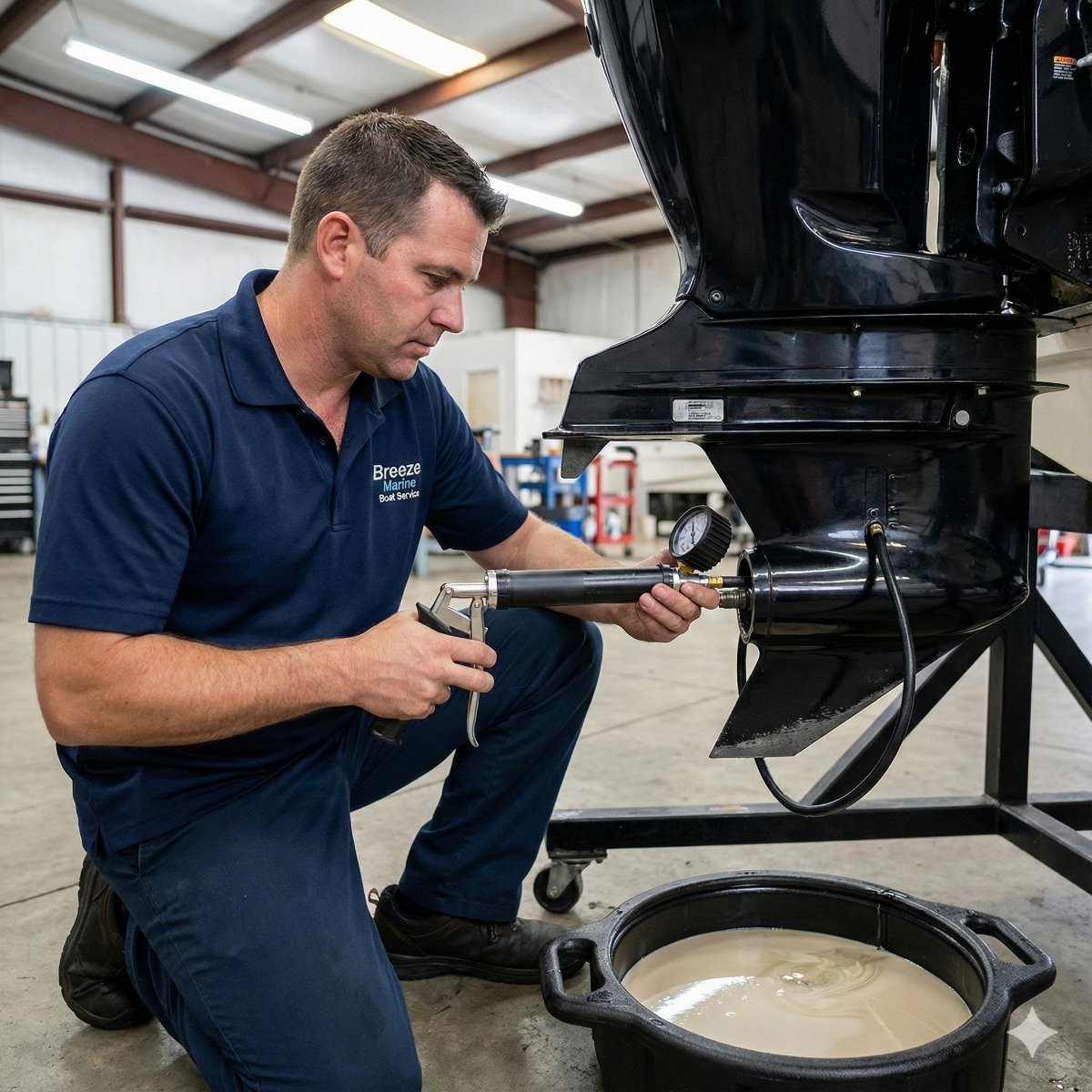 Marine mechanic using a hand-held pressure tester pump connected to the drain hole of a Mercury outboard lower unit to check for seal leaks.
