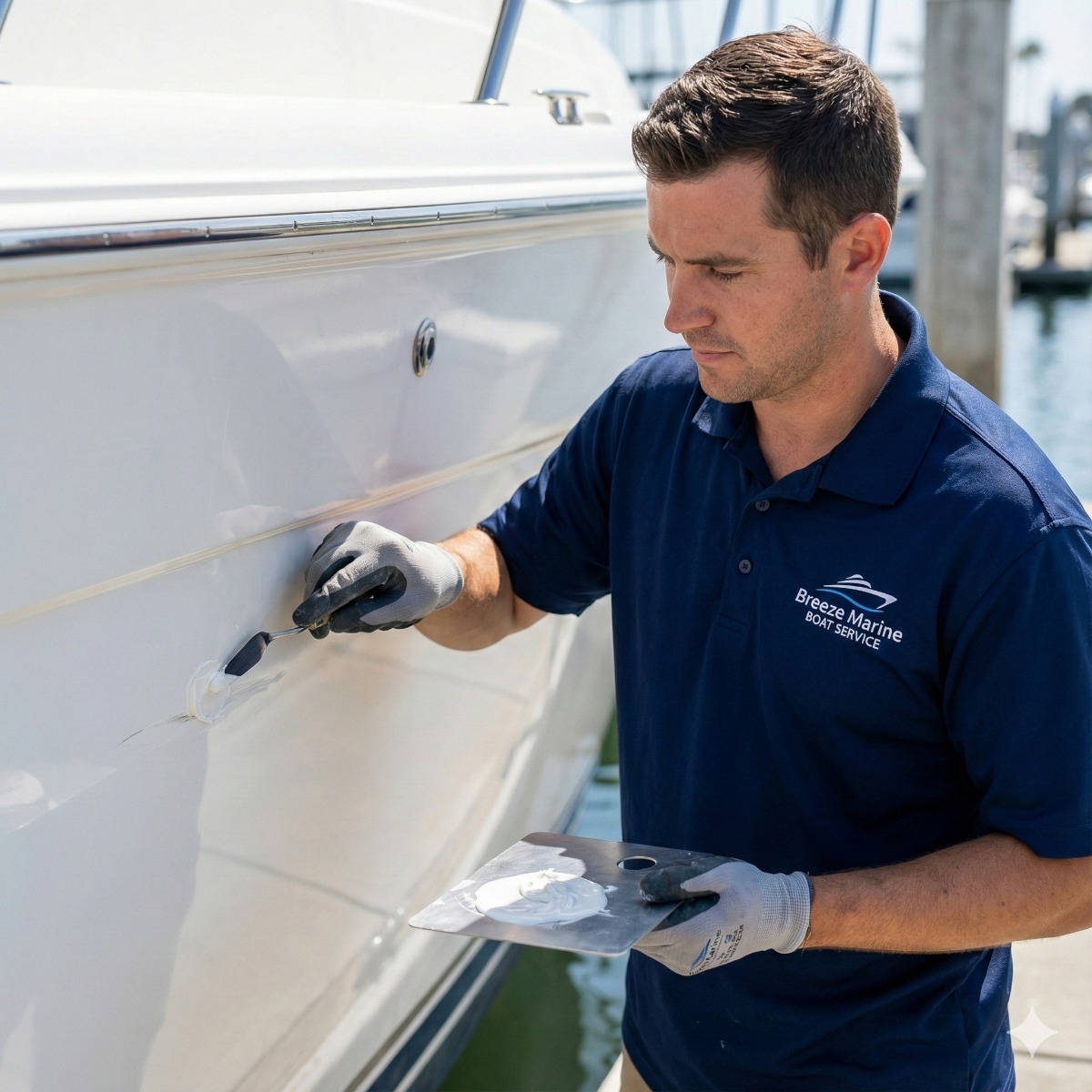 Professional boat bodywork technician applying white gelcoat paste to a scratch