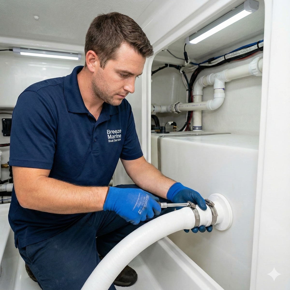 Breeze Marine technician installing a new white heavy-duty sanitation hose with double stainless steel clamps onto a holding tank fitting.