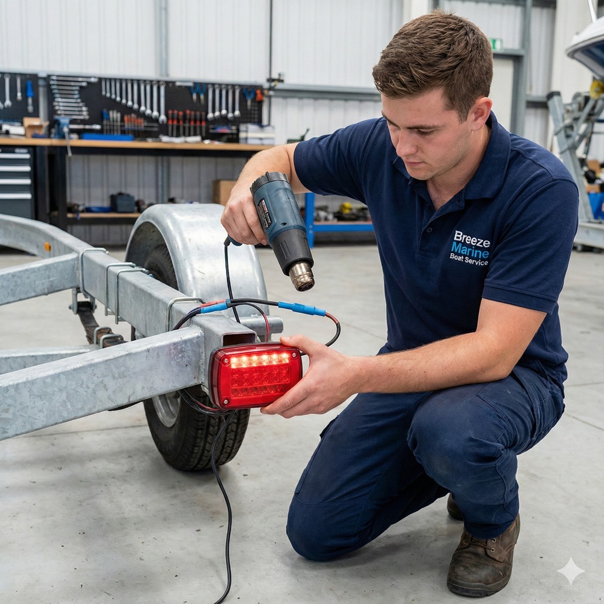 Breeze Marine technician using a heat gun to seal a waterproof shrink-connector