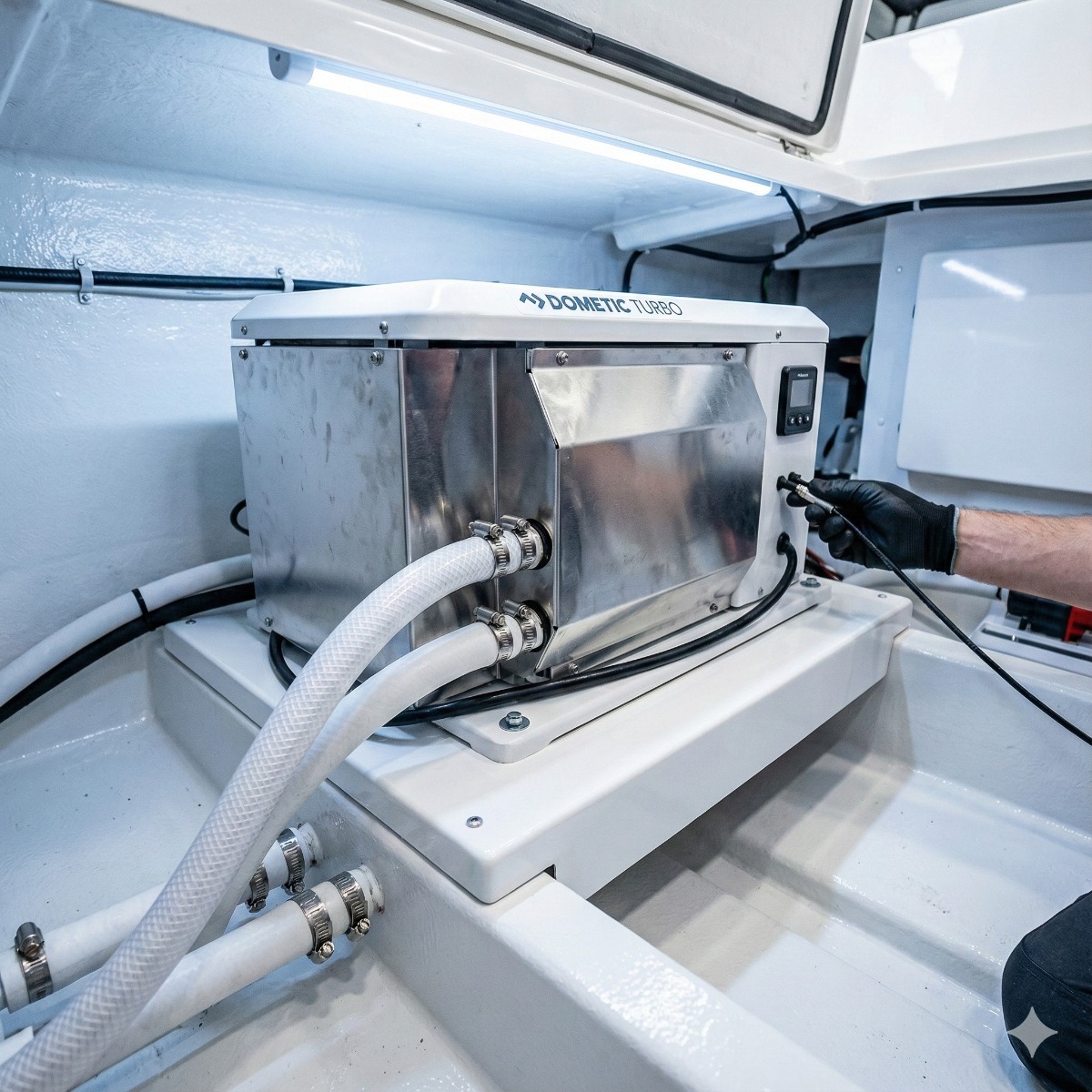 A view into a boat's mechanical compartment showing a brand new