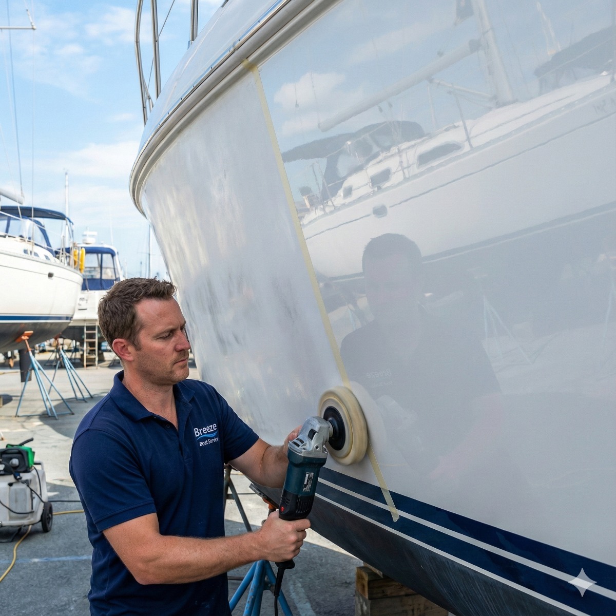 Professional detailer using a rotary buffer on a boat hull