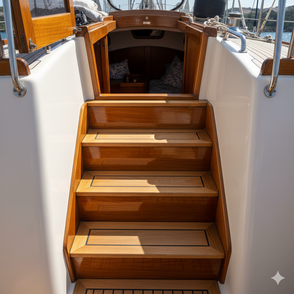 A close-up view of custom-built solid teak companionway stairs leading into a yacht cabin from the cockpit. The wide treads feature routed non-skid grooves, and the risers have a high-gloss varnish finish.