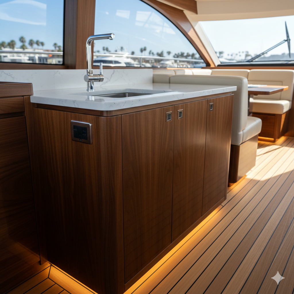 A close-up of a newly installed custom teak galley cabinet on a yacht. The wood has a high-gloss varnish finish, and the drawers feature flush-mount stainless steel latches.
