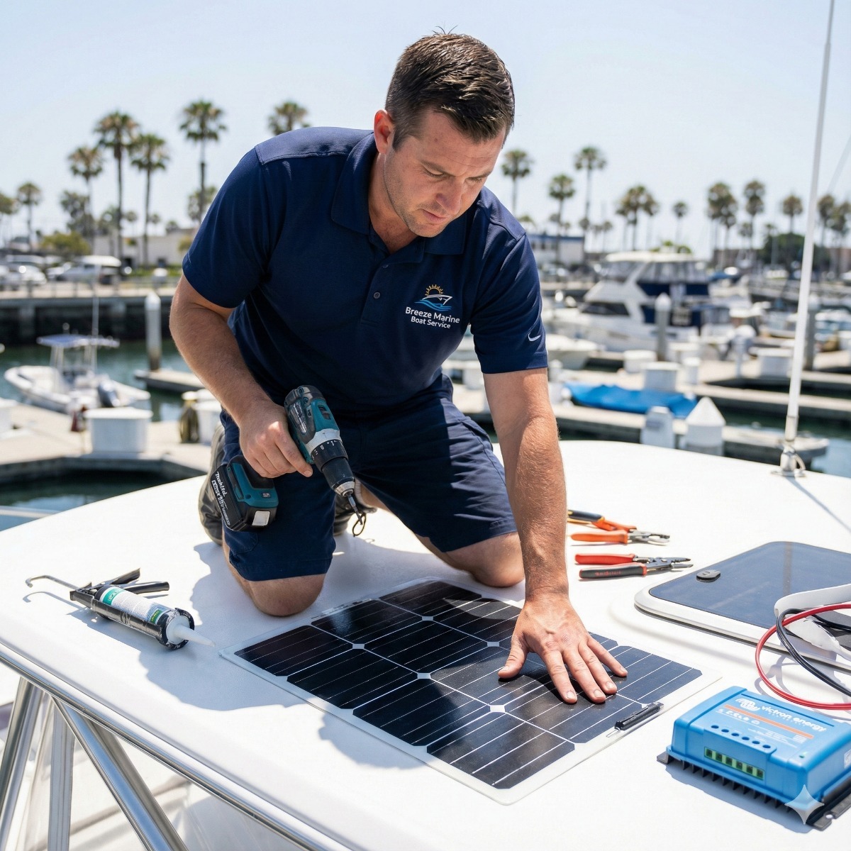 Marine technician installing sleek flexible solar panels on the hardtop of a yacht in Long Beach marina, connecting wiring to a high-efficiency solar charge controller.
