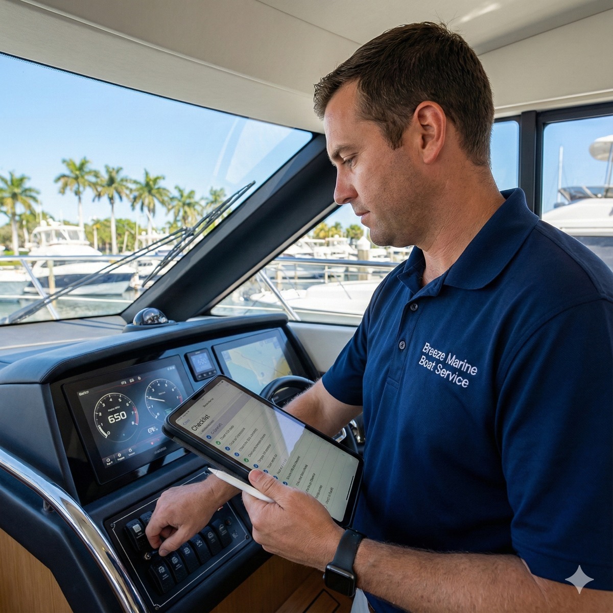 Breeze Marine technician holding a digital checklist tablet at the helm of a yacht, with dashboard gauges illuminated indicating engines are running at idle temperature.
