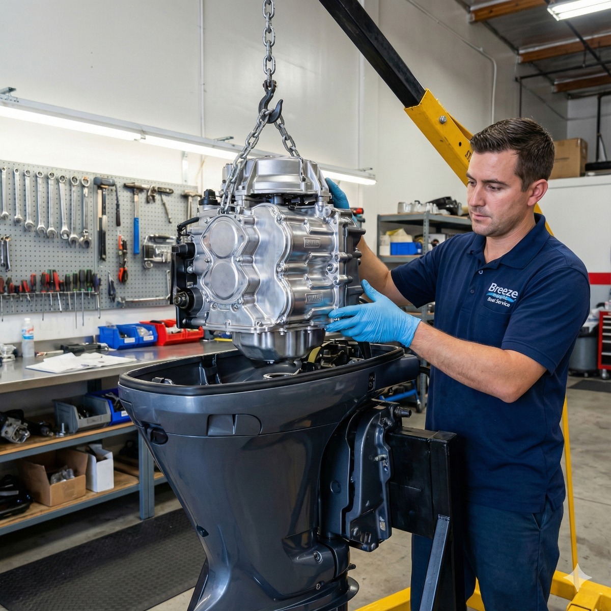 Breeze Marine technician using a shop crane to lower a shiny