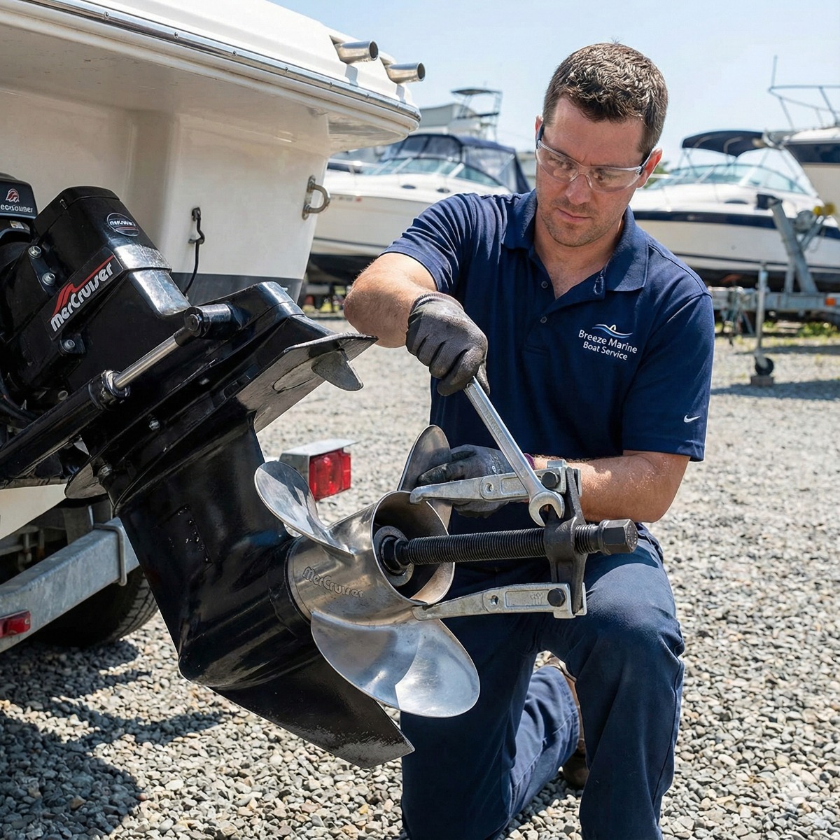 Breeze Marine technician using a heavy-duty prop puller tool to remove a stainless steel propeller