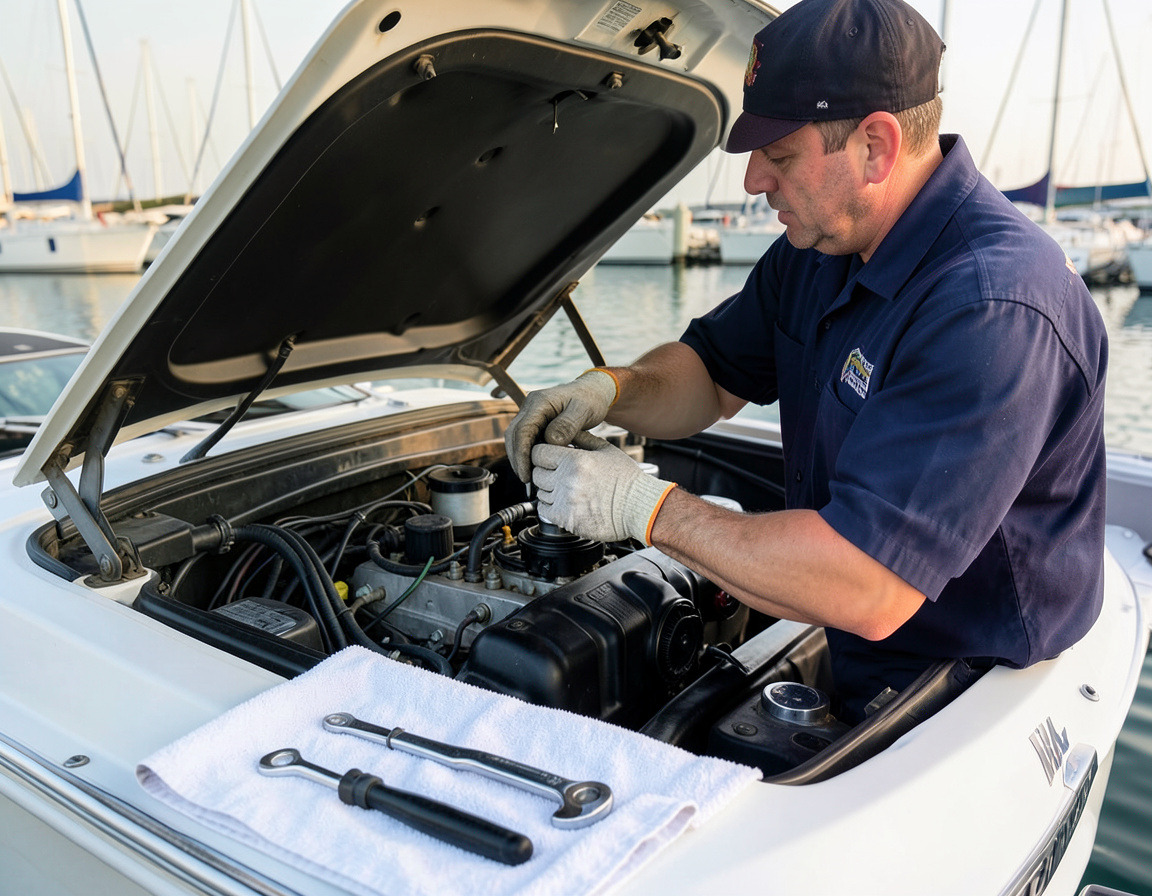Marine technician doing scheduled engine service on a boat under a maintenance contract