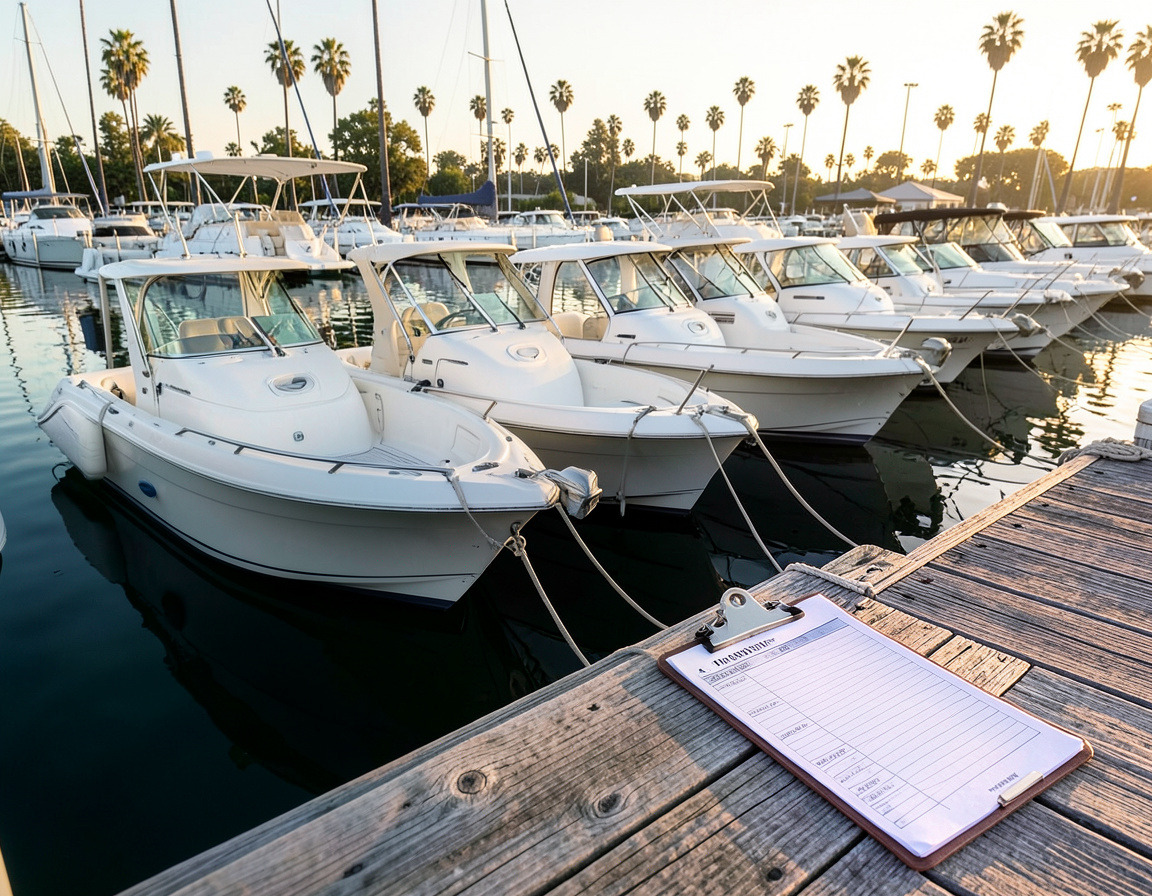 Row of rental boats in a Long Beach marina covered by a fleet maintenance contract