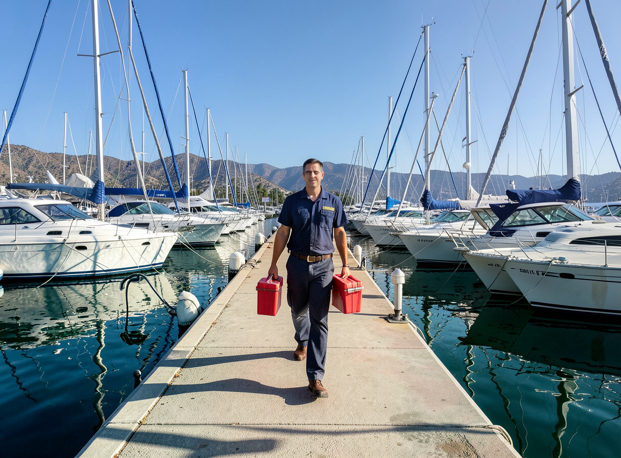 Ծովային տեխնիկը գործիքների արկղեր է տանում լողացող նավամատույցի երկայնքով, որտեղ նավակները կանգնած են իրենց տեղերում