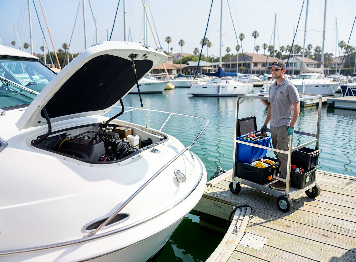 Marine technician working at the engine hatch of a motor yacht in its slip next to a dock cart with tool cases