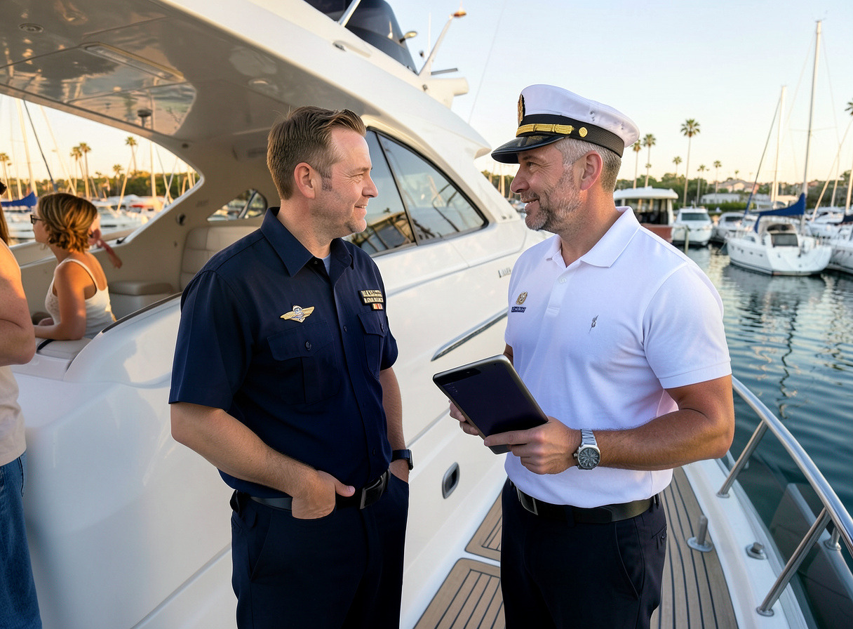 Marine technician and yacht captain talking on the aft deck of a motor yacht in a marina