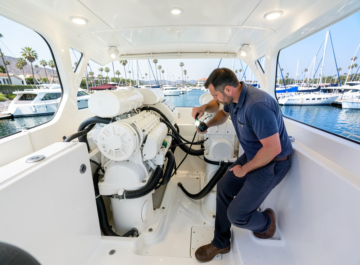 Marine technician inspecting hoses and belts in the engine room of a motor yacht