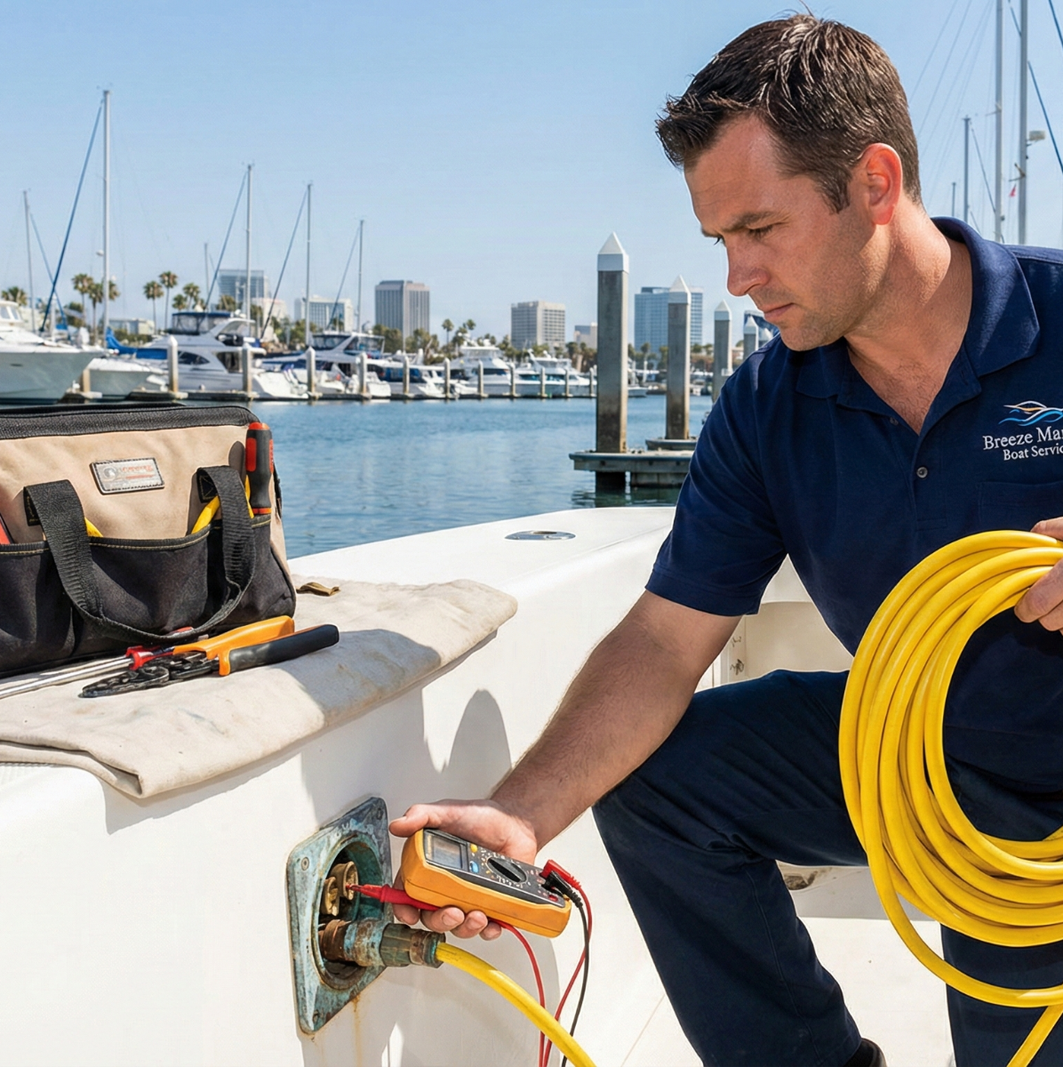 Marine electrician inspecting a corroded shore power inlet