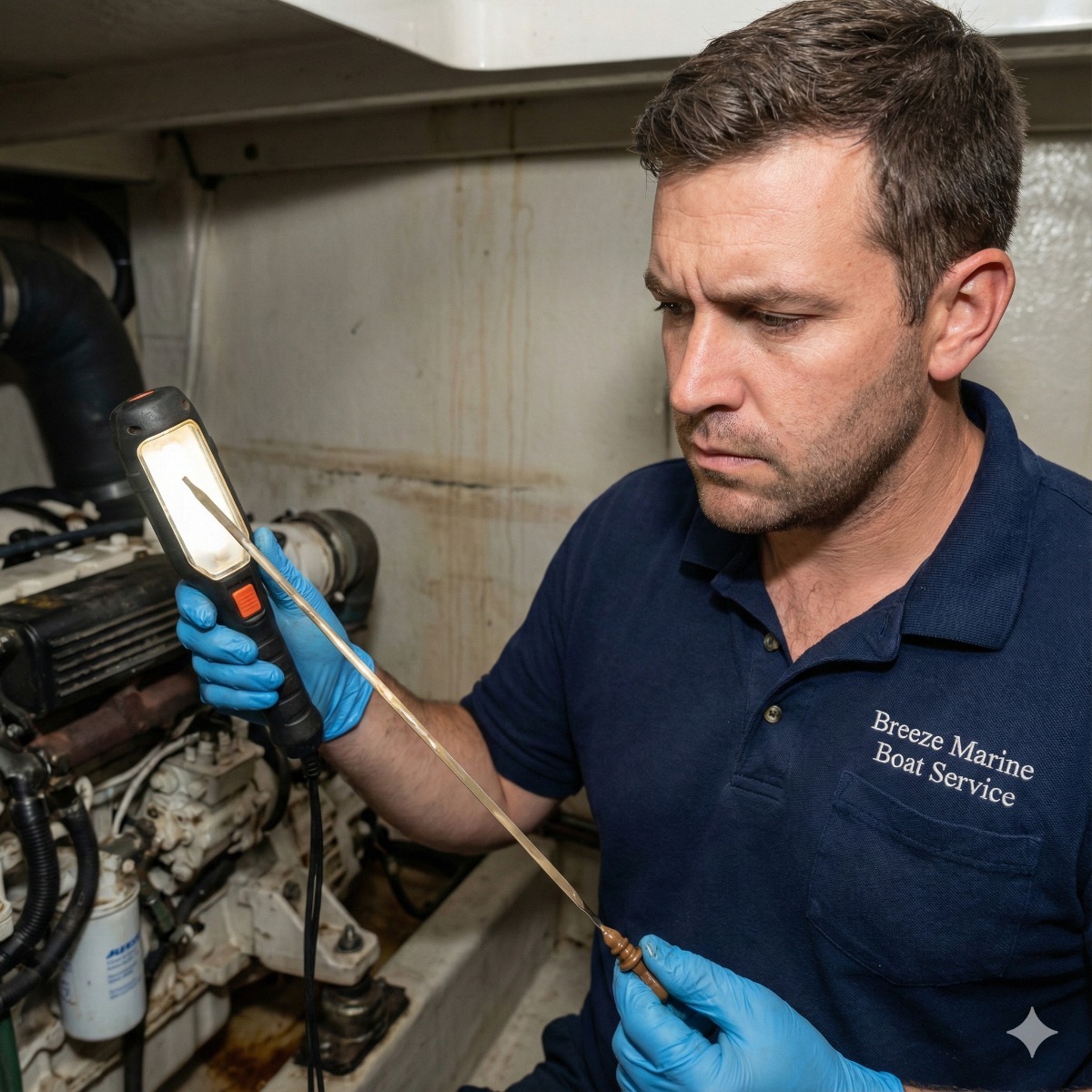 Breeze Marine technician inspecting the engine room of a recovered vessel