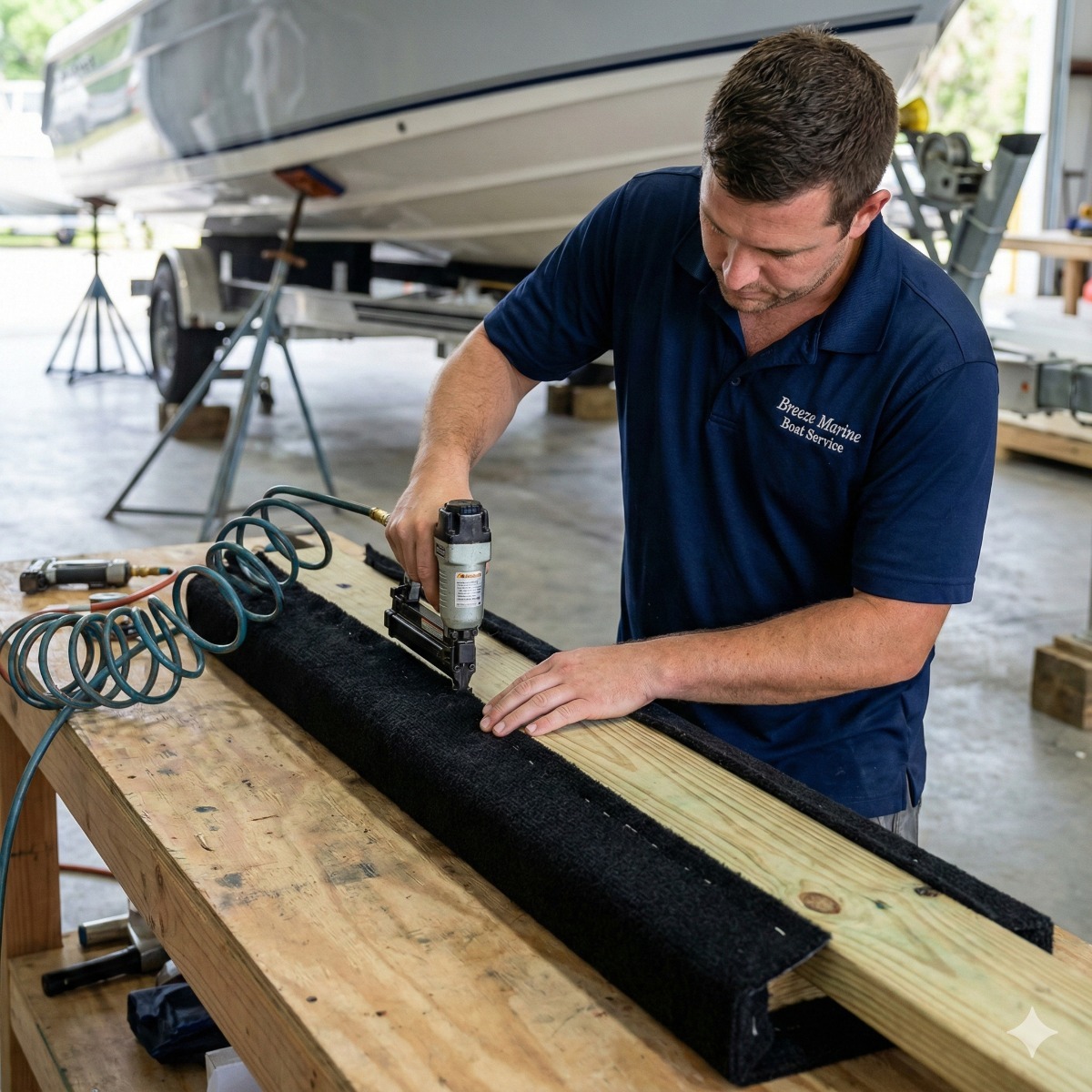 Breeze Marine technician using a pneumatic stapler to secure black marine-grade carpet onto a new pressure-treated trailer bunk board.