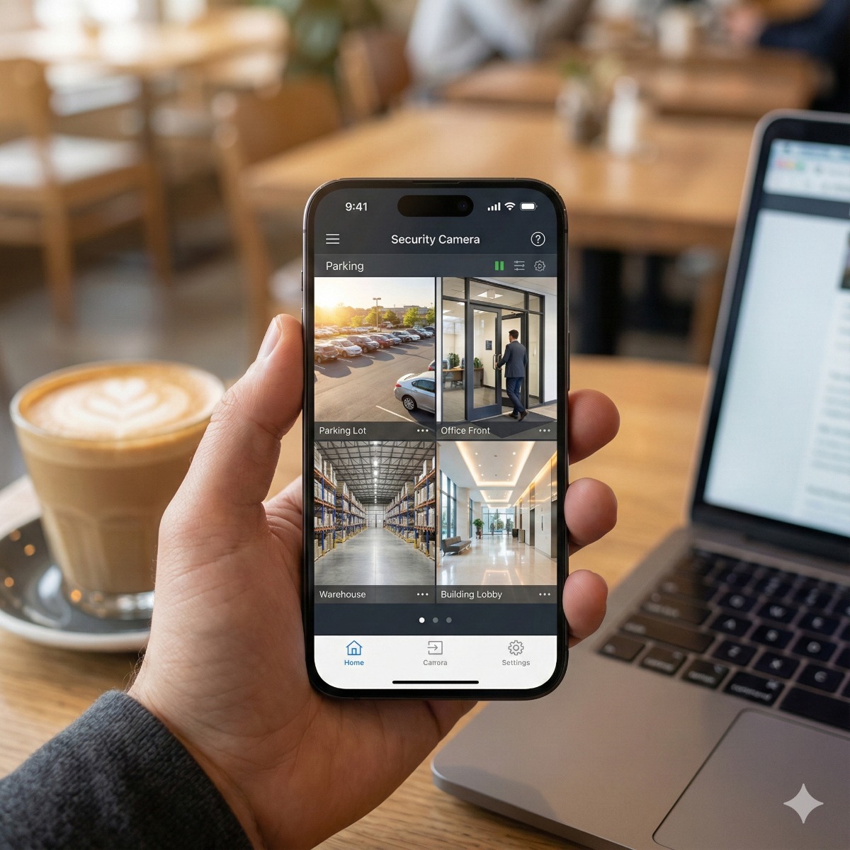A smartphone held in a hand displaying a grid view of 4 live security camera feeds, with a blurred coffee shop background implying remote monitoring.