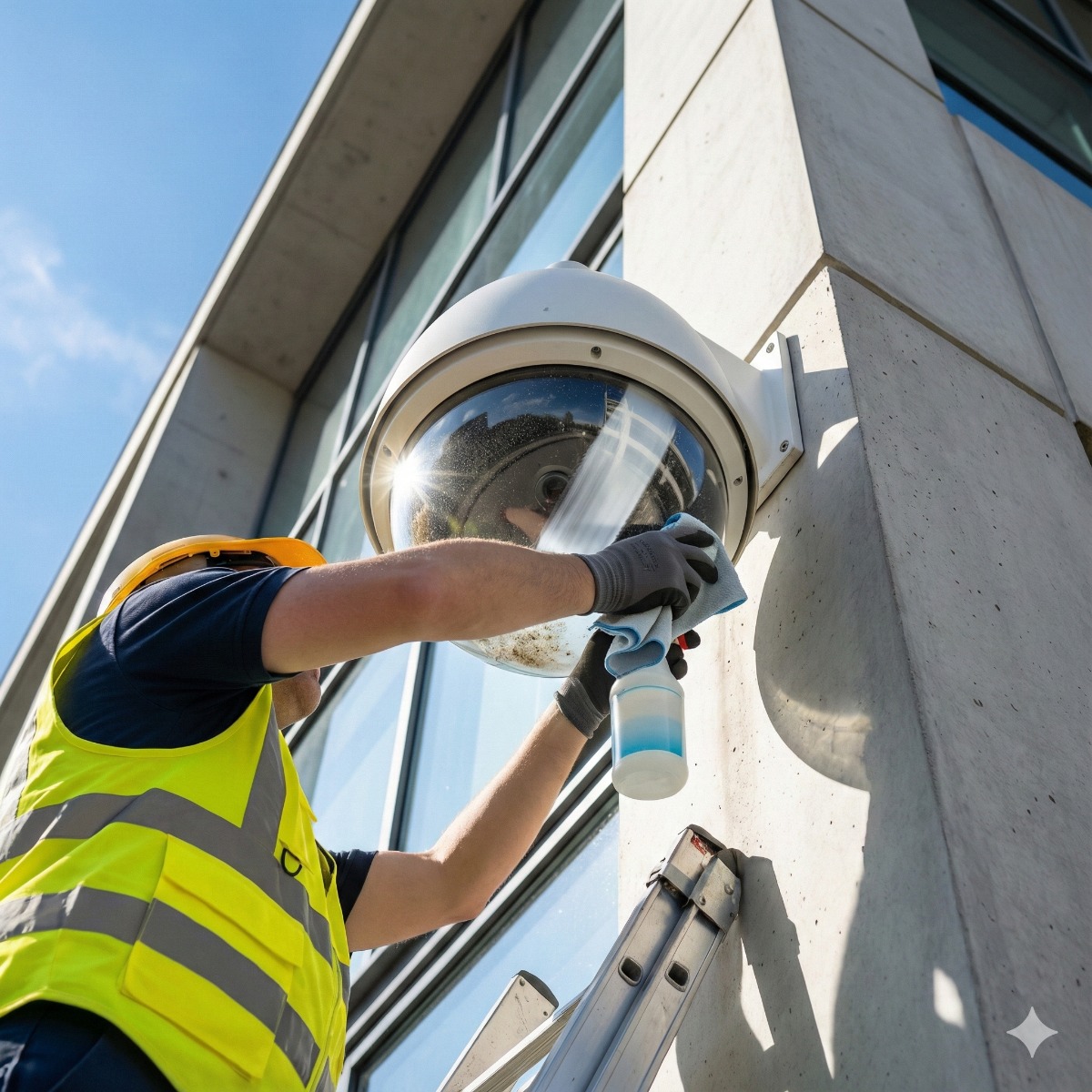 A close-up of a technician's hand using a microfiber cloth to clean the glass dome of a security camera mounted on a wall, removing dust and spiderwebs.
