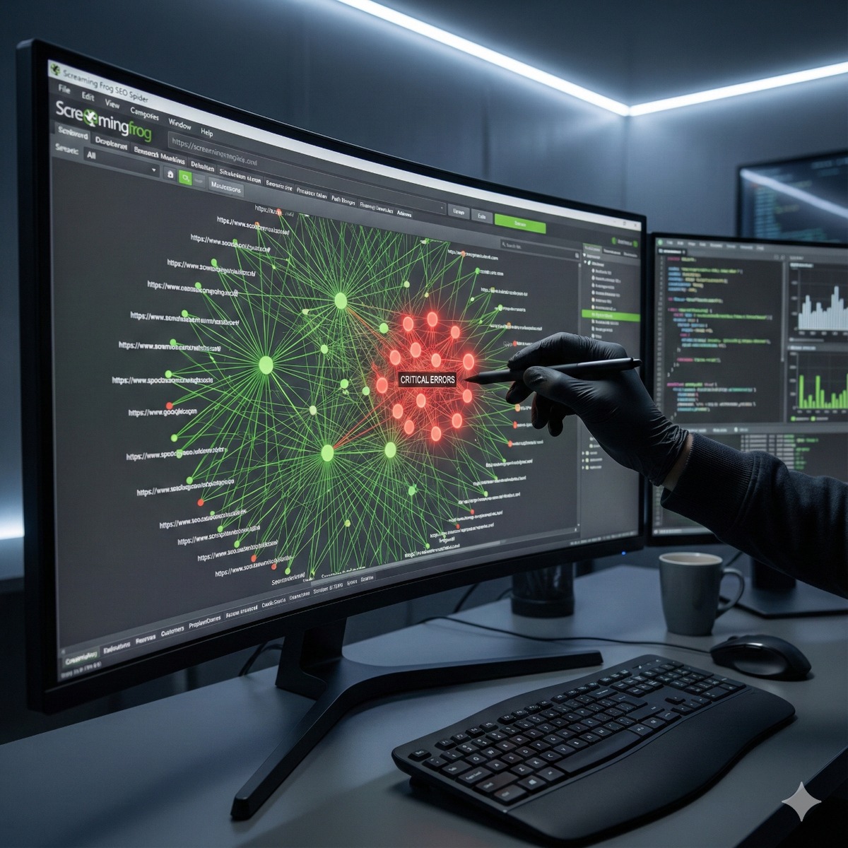 A monitor displaying a "Screaming Frog" SEO spider crawl visualization, showing a network of website links with a few red "404 Error" dots being highlighted.