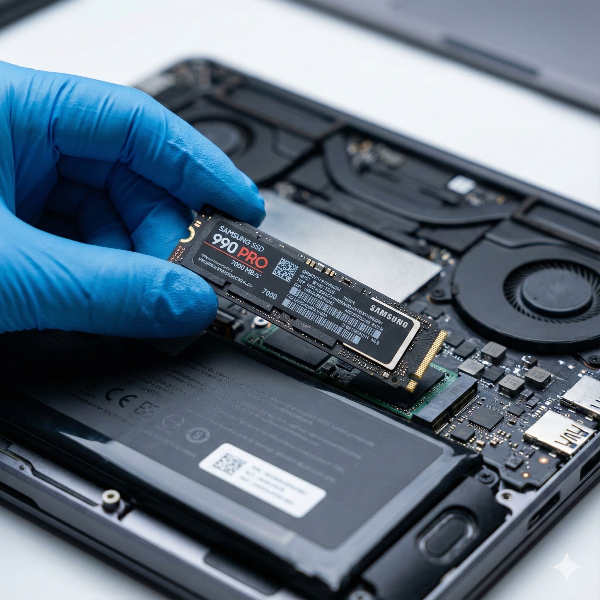 Technician's hand holding a high-performance NVMe M.2 SSD chip next to a laptop motherboard slot, preparing for installation.